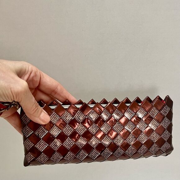 Nahui Ollin Handcrafted Woven Candy Wrappers Wristlet Maroon Upcycled Designer - Picture 2 of 8